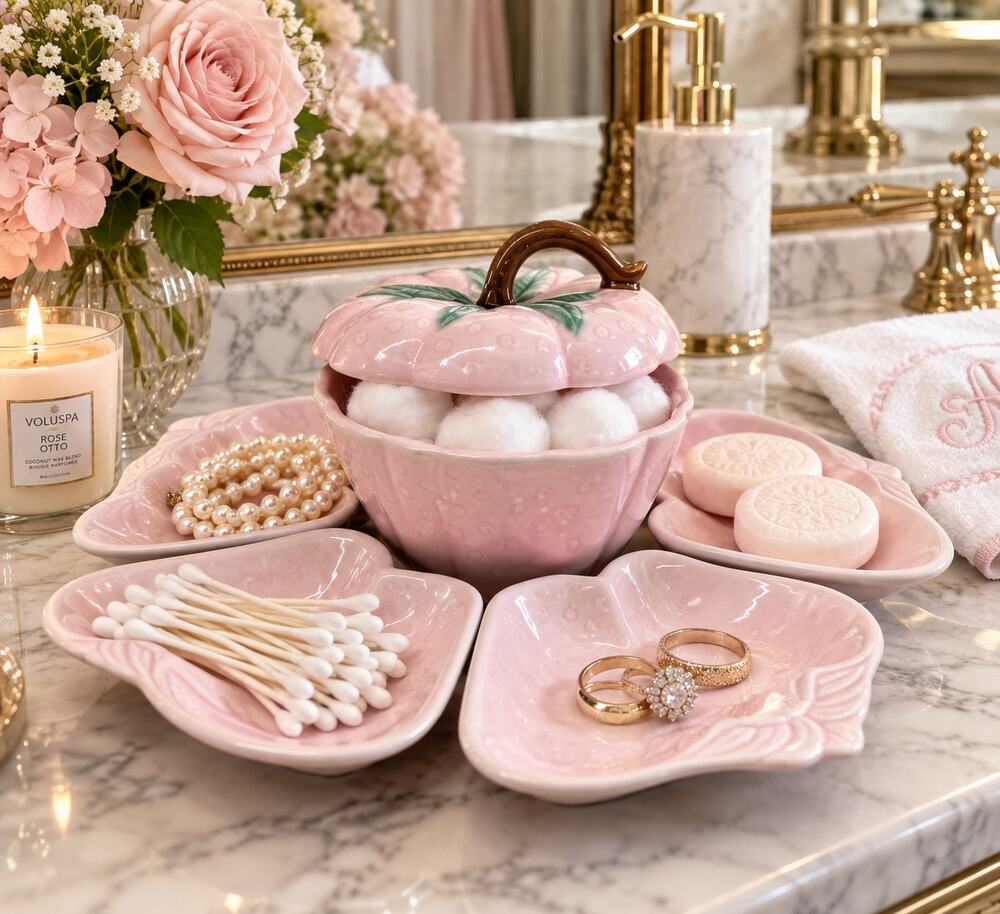 Vintage Belmar California Pink Strawberry Pottery 6 Piece Serving Set